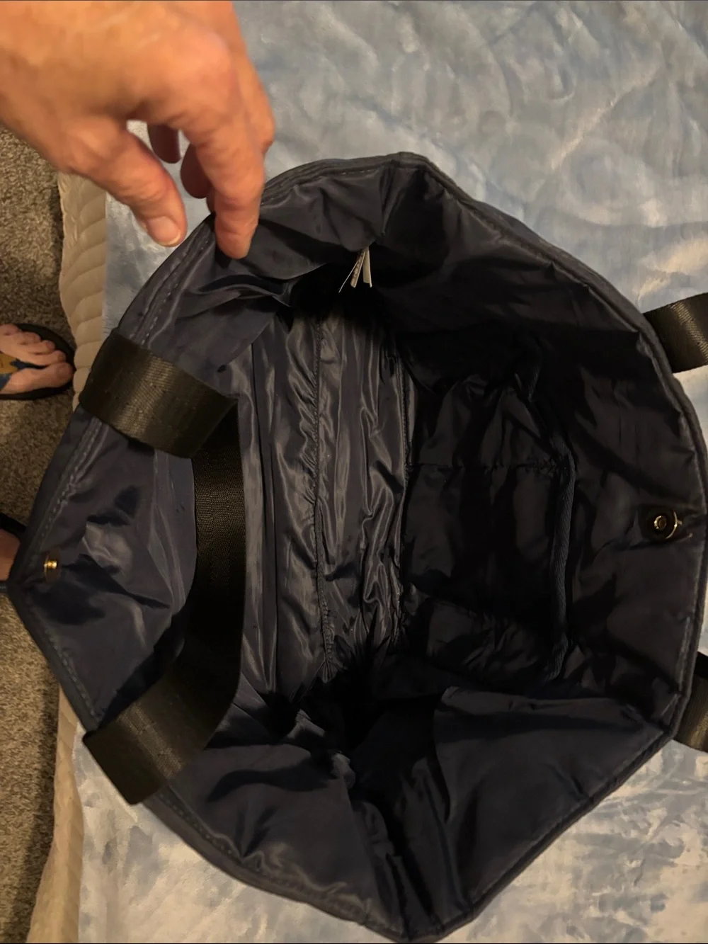 J. Crew Navy Quilted Nylon Shoulder Tote with Black Straps
